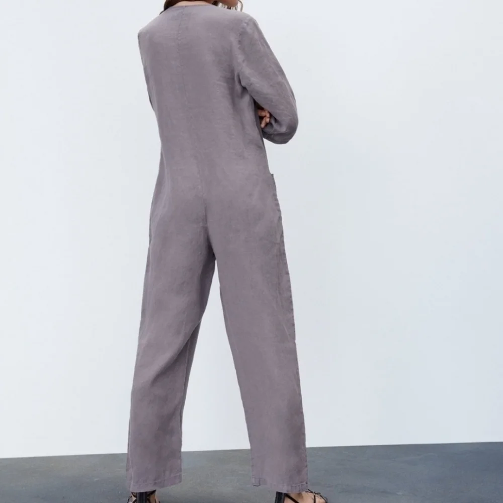 Zara 100% Linen Front Pocket Grey Boiler Jumpsuit  Onesie NWT Size Small